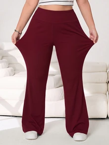 Solflare Plus Size Women's Summer Casual Elastic High Waist Pants For Daily Wear Fall - Burgundy - View 4