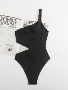 Swim Chiccia 女式闪亮面料露背纯色拼接休闲沙滩连体泳衣，适合夏季 - 黑色 - 查看 2