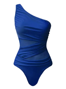 Swim Oasis 2pcs/Set Women One-Piece Solid Color Ruched Monokini With Printed Sarong - Navy Blue - View 3