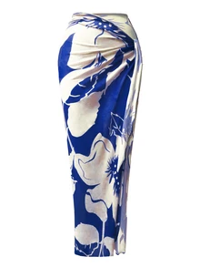 Swim Oasis 2pcs/Set Women One-Piece Solid Color Ruched Monokini With Printed Sarong - Navy Blue - View 4