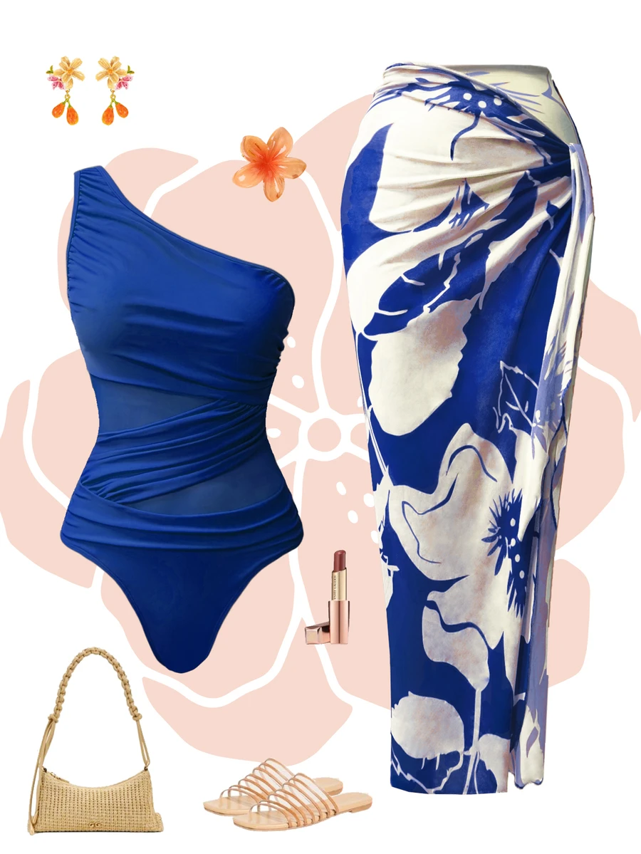 Swim Oasis 2pcs/Set Women One-Piece Solid Color Ruched Monokini With Printed Sarong - Navy Blue - View 1