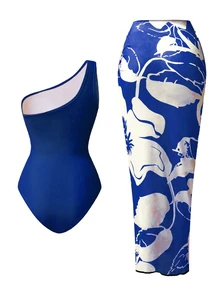 Swim Oasis 2pcs/Set Women One-Piece Solid Color Ruched Monokini With Printed Sarong - Navy Blue - View 2