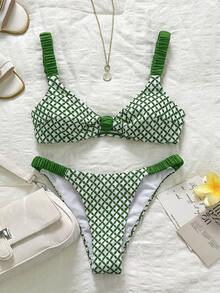 SHEIN Swim 女士泳装套装，绿色粗肩带高衩比基尼泳裤，性感甜美，适合海滩度假，春夏皆宜，网眼面料 - 綠色 - 查看 9