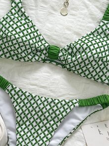 SHEIN Swim 女士泳装套装，绿色粗肩带高衩比基尼泳裤，性感甜美，适合海滩度假，春夏皆宜，网眼面料 - 綠色 - 查看 7