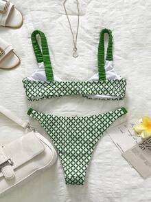 SHEIN Swim 女士泳装套装，绿色粗肩带高衩比基尼泳裤，性感甜美，适合海滩度假，春夏皆宜，网眼面料 - 綠色 - 查看 8