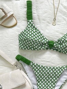 SHEIN Swim 女士泳装套装，绿色粗肩带高衩比基尼泳裤，性感甜美，适合海滩度假，春夏皆宜，网眼面料 - 綠色 - 查看 6