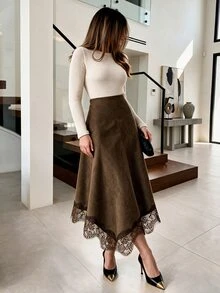 NOVVYNE Rok Wanita Cokelat Bahan Suede Imitasi Pinggang Tinggi Model A-Line Mengembang dengan Hem Asimetris Berbentuk Sapu Tangan dan Hiasan Renda Hitam untuk Musim Gugur, Elegan, dan Mewah, Cocok untuk Kantor, Pernikahan, dan Tamu Kasual. - Coklat - View 7