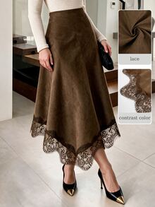 NOVVYNE Rok Wanita Cokelat Bahan Suede Imitasi Pinggang Tinggi Model A-Line Mengembang dengan Hem Asimetris Berbentuk Sapu Tangan dan Hiasan Renda Hitam untuk Musim Gugur, Elegan, dan Mewah, Cocok untuk Kantor, Pernikahan, dan Tamu Kasual. - Coklat - View 1