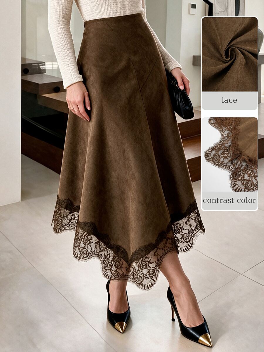 NOVVYNE Rok Wanita Cokelat Bahan Suede Imitasi Pinggang Tinggi Model A-Line Mengembang dengan Hem Asimetris Berbentuk Sapu Tangan dan Hiasan Renda Hitam untuk Musim Gugur, Elegan, dan Mewah, Cocok untuk Kantor, Pernikahan, dan Tamu Kasual. - Coklat - View 1