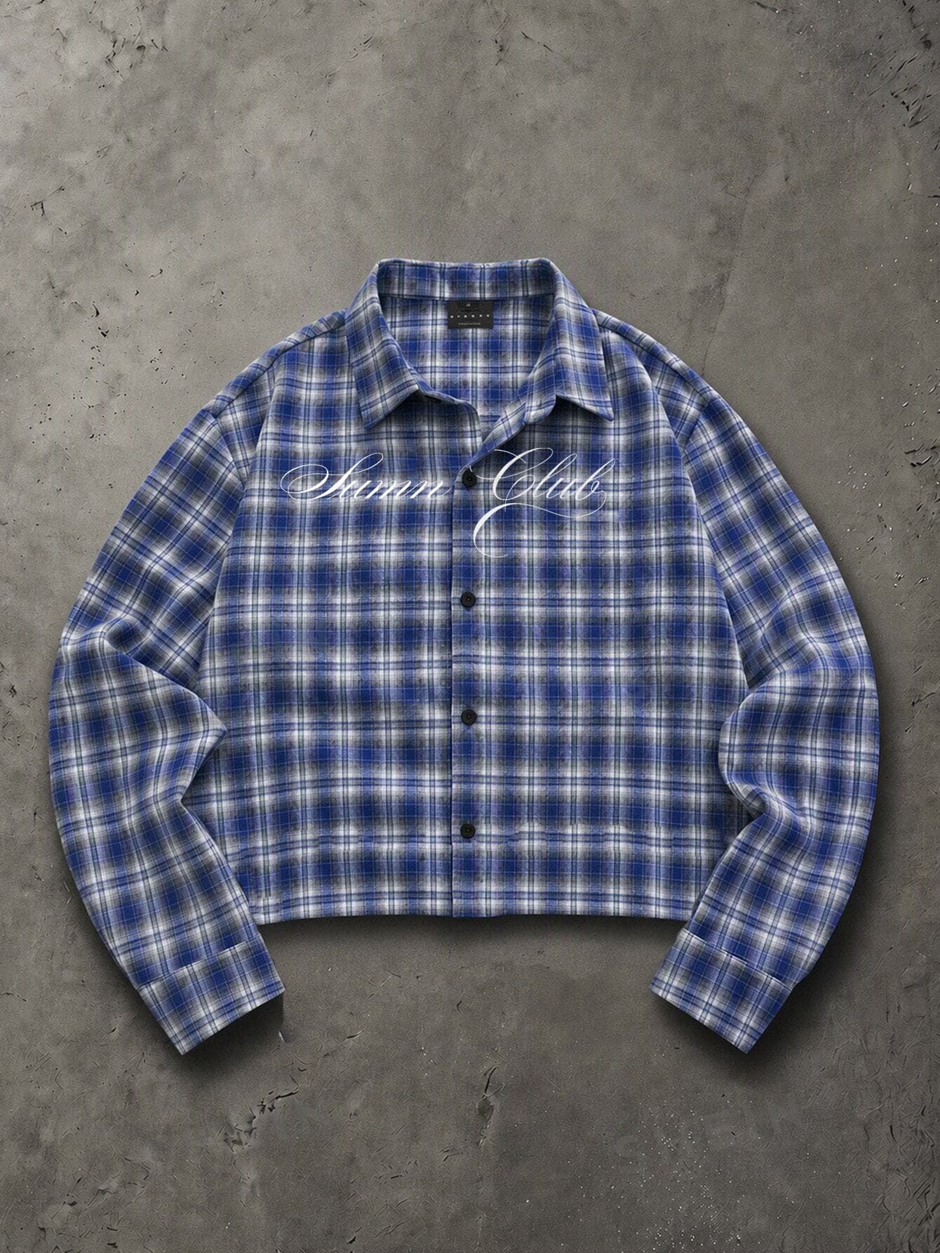 SUMWON Tmwn Club Script Chest Print Plaid Cropped Shirt With Point Collar And Long Sleeves Boxy Fit Button Front Flannel Overshirt - Blue - View 1