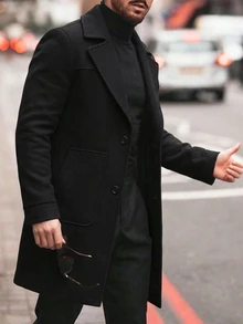 Manfinity CasualCool Men's Mature Casual Solid Color Wool Long Coat, The Perfect Choice For Holiday Gifts - Black - View 1