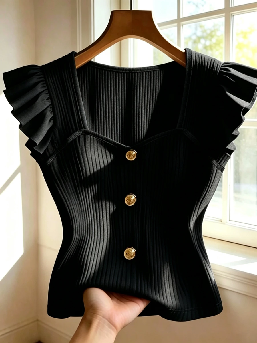 GlowEve Women's Textured Fabric T-Shirt With Flutter Sleeves, Vacation For Ladies Summer Beach Holiday Summer Tops - Black - View 1