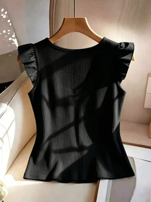 GlowEve Women's Textured Fabric T-Shirt With Flutter Sleeves, Vacation For Ladies Summer Beach Holiday Summer Tops - Black - View 2