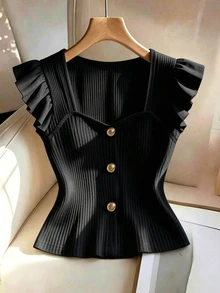 GlowEve Women's Textured Fabric T-Shirt With Flutter Sleeves, Vacation For Ladies Summer Beach Holiday Summer Tops - Black - View 4