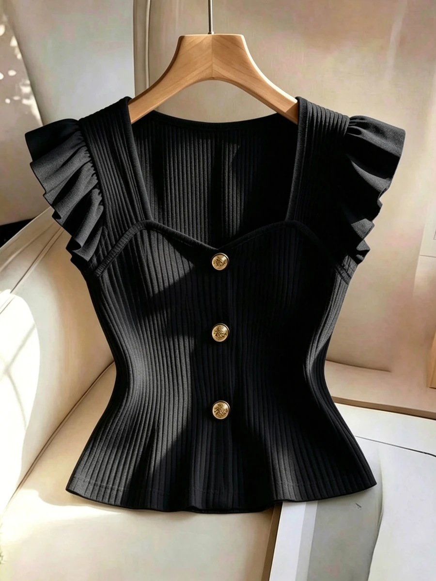 GlowEve Women's Textured Fabric T-Shirt With Flutter Sleeves, Vacation For Ladies Summer Beach Holiday Summer Tops - Black - View 1
