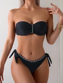 SHEIN Swim Color Block Ruched Bandeau Bikini Set For Summer Beach Swimming - Black - View 4
