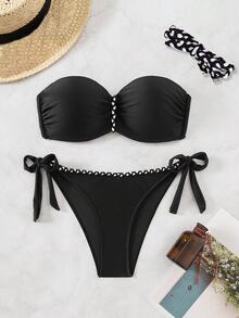 SHEIN Swim Color Block Ruched Bandeau Bikini Set For Summer Beach Swimming - Black - View 5