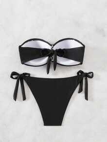 SHEIN Swim Color Block Ruched Bandeau Bikini Set For Summer Beach Swimming - Black - View 2
