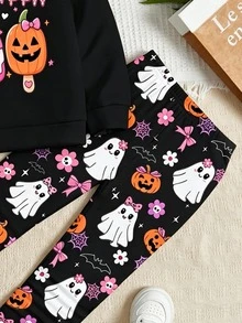 萬聖節少女休閒可愛卡通幽靈南瓜冰淇淋圖案，甜美奶油黑，圓領長袖衛衣與內搭褲2件套，適合秋冬，派對造型，秋季服飾，卡哇伊，節慶 - 彩色 - 查看 4