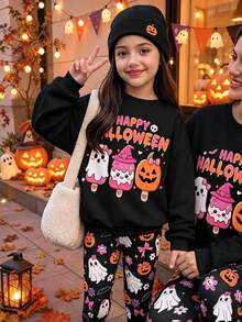 萬聖節少女休閒可愛卡通幽靈南瓜冰淇淋圖案，甜美奶油黑，圓領長袖衛衣與內搭褲2件套，適合秋冬，派對造型，秋季服飾，卡哇伊，節慶 - 彩色 - 查看 5