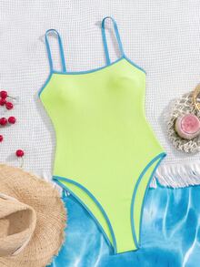 SHEIN Swim 春夏跨境歐美新款性感連身三角比基尼，高衩三點式，黃綠色素色紋理面料，淺藍色對比細邊飾，小胸聚攏，雙肩帶，適合女性與女孩的甜美清新顯瘦泳衣套裝，適用溫泉、海灘度假、生日派對 - 鵝黃色 - 查看 3