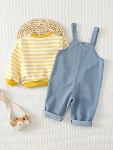 Cozy Pixies Baby Boy Striped Crew Neck Sweatshirt And Cartoon Bear Embroidered Denim Overalls Casual Set - Yellow - View 2