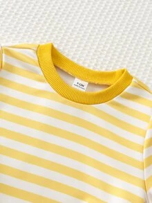 Cozy Pixies Baby Boy Striped Crew Neck Sweatshirt And Cartoon Bear Embroidered Denim Overalls Casual Set - Yellow - View 5