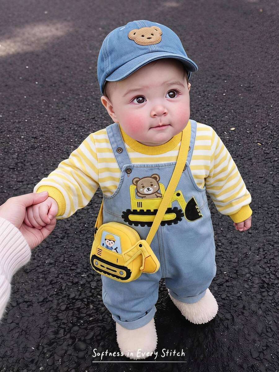 Cozy Pixies 兒童嬰兒(男孩)條紋圓領長袖秋冬衛衣與牛仔吊帶褲兩件套 - 黃色 - 查看 1