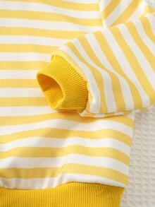 Cozy Pixies Baby Boy Striped Crew Neck Sweatshirt And Cartoon Bear Embroidered Denim Overalls Casual Set - Yellow - View 6