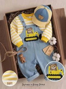 Cozy Pixies Baby Boy Striped Crew Neck Sweatshirt And Cartoon Bear Embroidered Denim Overalls Casual Set - Yellow - View 1