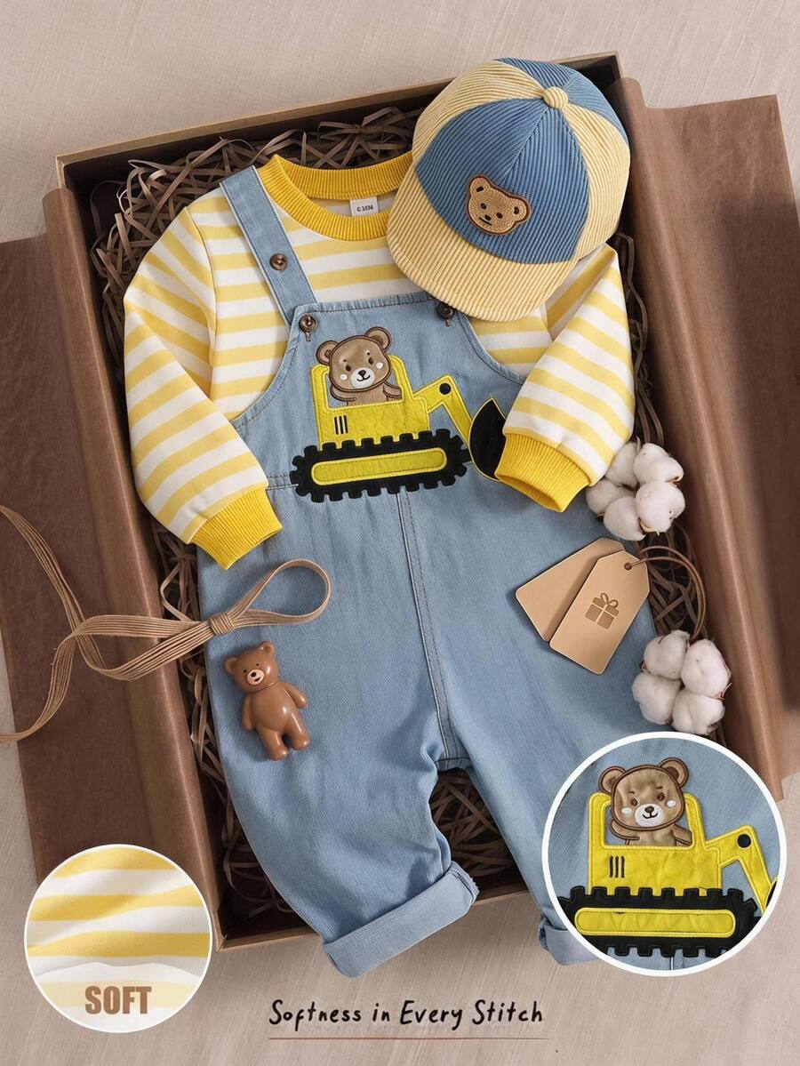 Cozy Pixies Baby Boy Striped Crew Neck Sweatshirt And Cartoon Bear Embroidered Denim Overalls Casual Set - Yellow - View 1