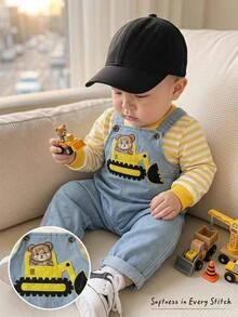 Cozy Pixies Baby Boy Striped Crew Neck Sweatshirt And Cartoon Bear Embroidered Denim Overalls Casual Set - Yellow - View 10