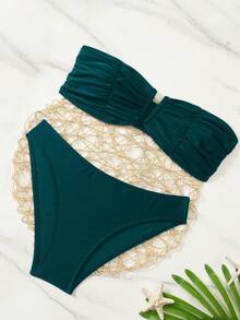 SHEIN Swim 纯色比基尼泳装 - 藍色 - 查看 3