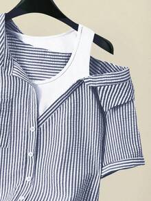 SHEIN Rosurelle 女式休闲条纹插肩短袖纹理蓝白衬衫，夏季 - 藏蓝色 - 查看 6