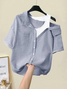 SHEIN Rosurelle 女式休闲条纹插肩短袖纹理蓝白衬衫，夏季 - 藏蓝色 - 查看 8