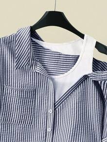 SHEIN Rosurelle 女式休闲条纹插肩短袖纹理蓝白衬衫，夏季 - 藏蓝色 - 查看 5