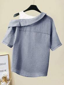 SHEIN Rosurelle 女式休闲条纹插肩短袖纹理蓝白衬衫，夏季 - 藏蓝色 - 查看 3