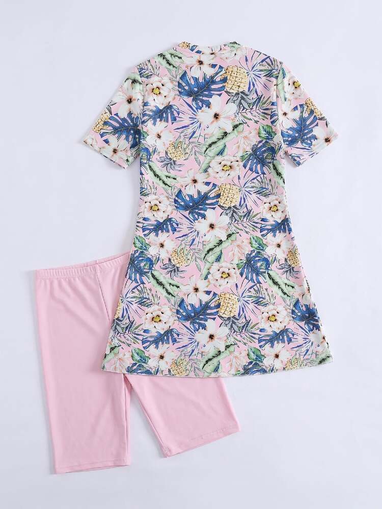 Swim Mulvari 2pcs/Set Spring/Summer New Tropical Plant Floral Print Tight Drawstring Burkinis Top And Shorts Beach Vacation Casual Swimwear For Women - Multicolor - View 5