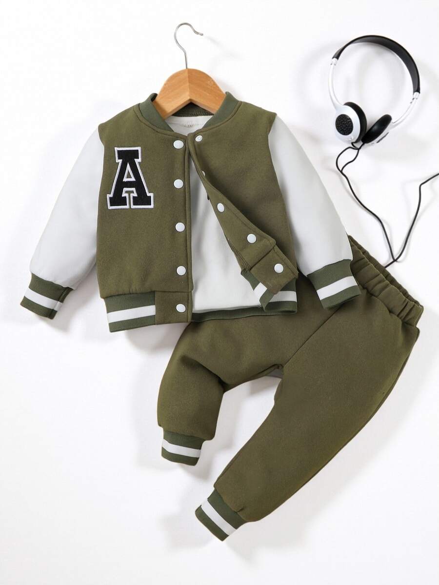 SHEIN 2pcs Baby Boy Casual Daily Versatile Sports Simplistic Letter Print Jacket And Pants Set, Suitable For Outdoor Wear - Dark Green - View 1