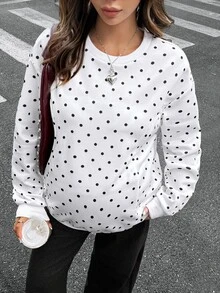 SHEIN 孕婦波點印花落肩長袖哺乳運動衫 - 白色 - 查看 4