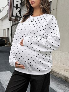 SHEIN 孕婦波點印花落肩長袖哺乳運動衫 - 白色 - 查看 6