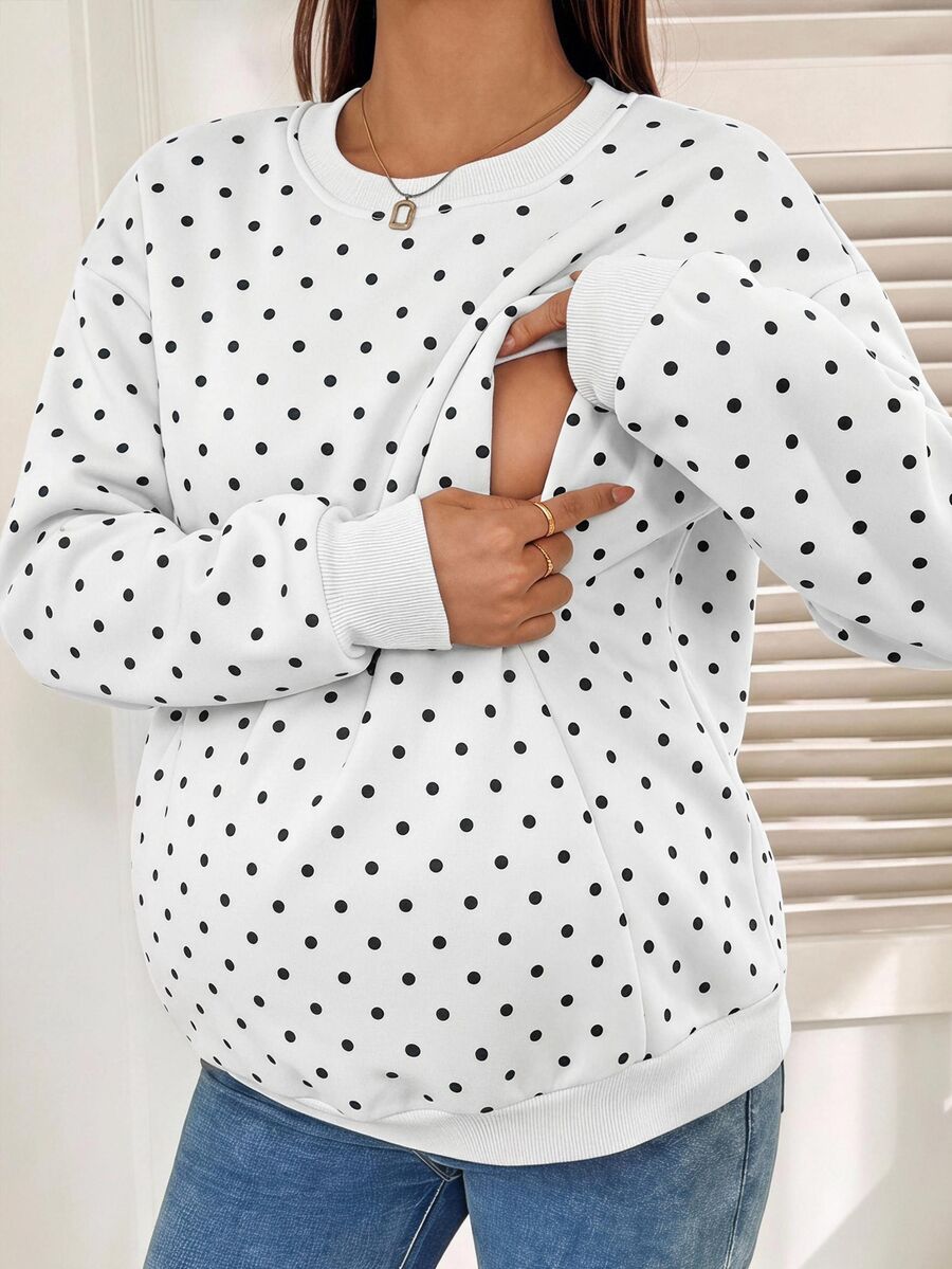 SHEIN Maternity Polka Dot Print Dropped Shoulder Long Sleeve Nursing Sweatshirt - White - View 1