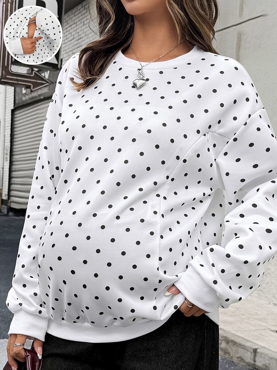 SHEIN 孕婦波點印花落肩長袖哺乳運動衫 - 白色 - 查看 1