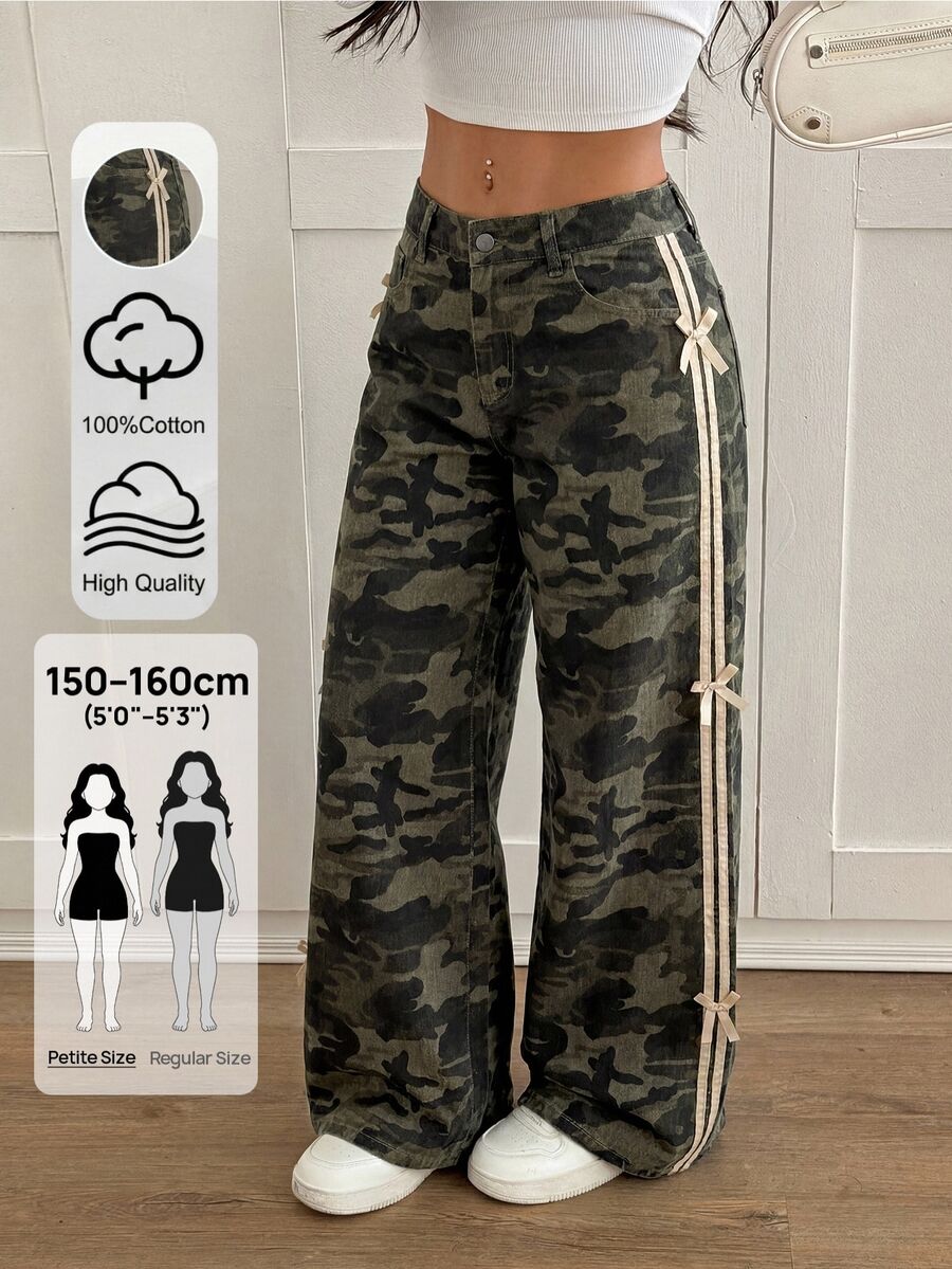 SHEIN PETITE 女款迷彩休閒百搭牛仔長褲,附口袋與鈕扣,適合日常旅行、牛仔女郎造型,秋季迷彩演唱會穿搭 - 軍綠色 - 查看 1