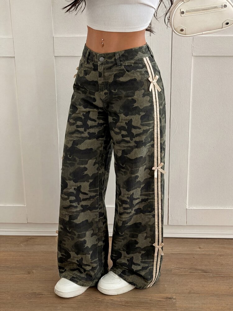 SHEIN PETITE Women's Camouflage Casual Versatile Daily Travel Denim Jeans With Pockets And Buttons Cowgirl Outfits For Women Autumn Camouflage Concert - Army Green - View 8