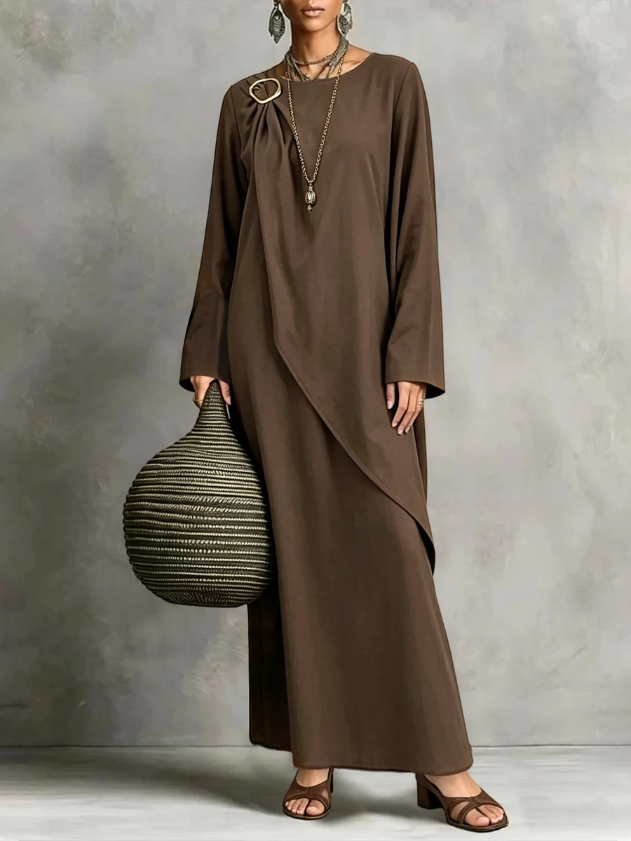 Breezaya Women's Solid Color Metal Decor Long Sleeve Casual Dress - Brown - View 1