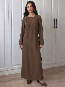 Breezaya Women's Solid Color Metal Decor Long Sleeve Casual Dress - Brown - View 7