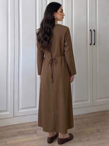 Breezaya Women's Solid Color Metal Decor Long Sleeve Casual Dress - Brown - View 2