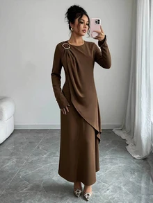 Breezaya Women's Solid Color Metal Decor Long Sleeve Casual Dress - Brown - View 4
