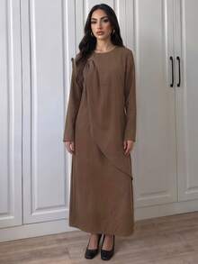 Breezaya Women's Solid Color Metal Decor Long Sleeve Casual Dress - Brown - View 5